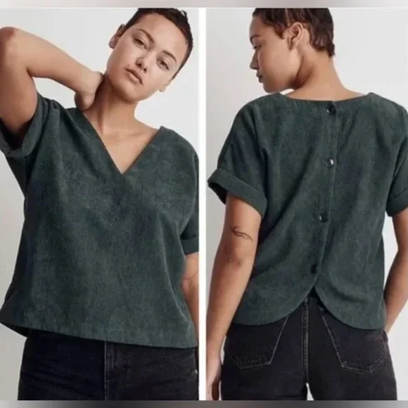 Madewell Corduroy V-Neck Top Shirt Button Down Back - Dark Green - Picture 5 of 10